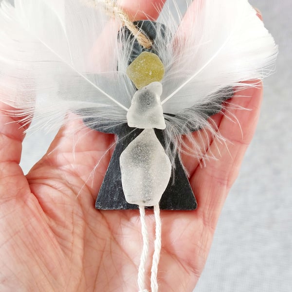 Sea Glass Angel Hanging Ornament, Handmade Christmas Angel Memorial Gift 