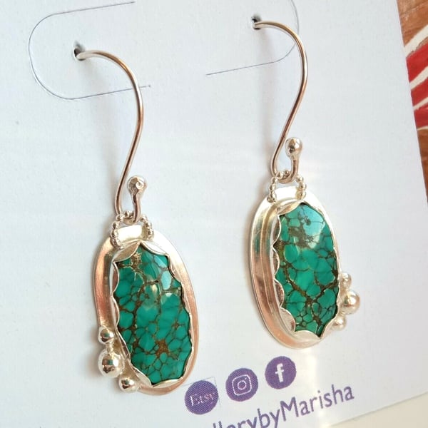 Tibetan Turquoise Earrings Sterling Silver Jewellery Gift Oval Dangle Drop