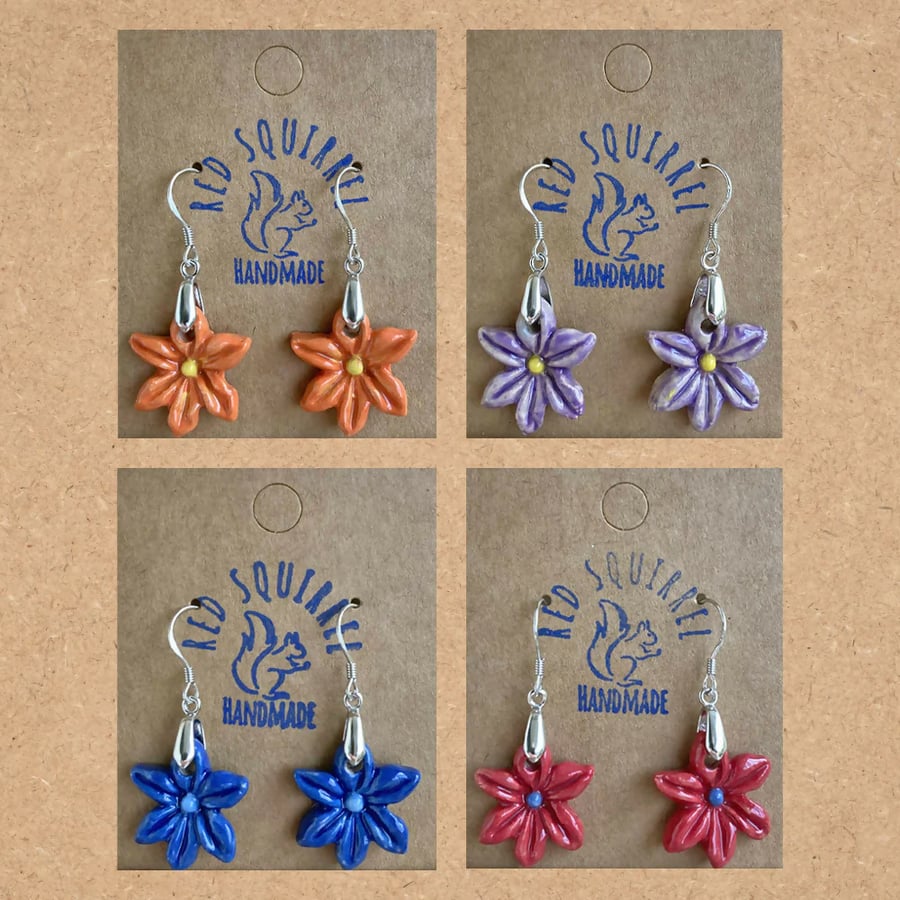 Handmade ceramic clematis flower earrings