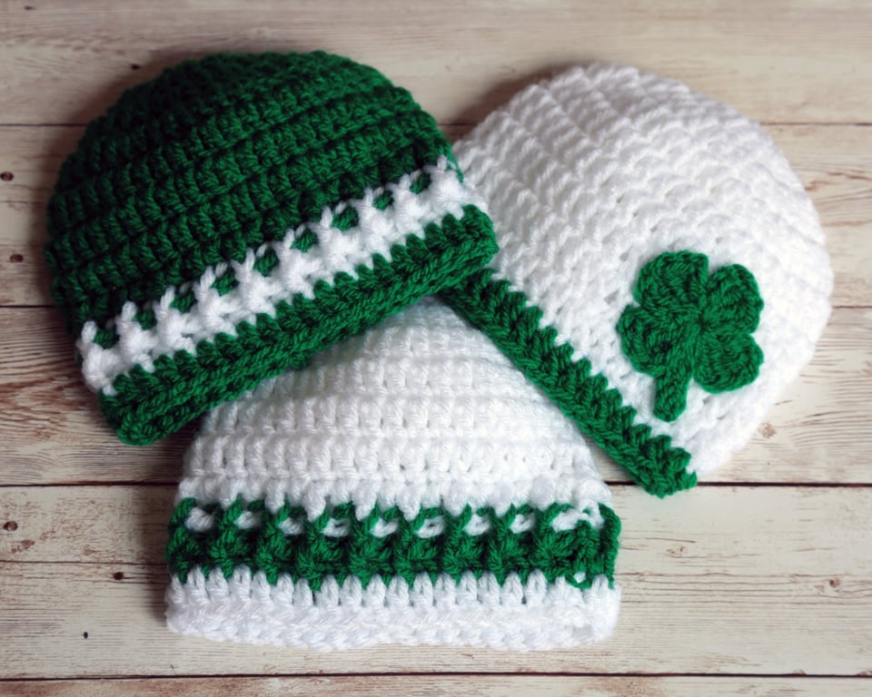 Emerald Green and White Crochet Baby Beanie Hat, 3 Styles and Size Choices