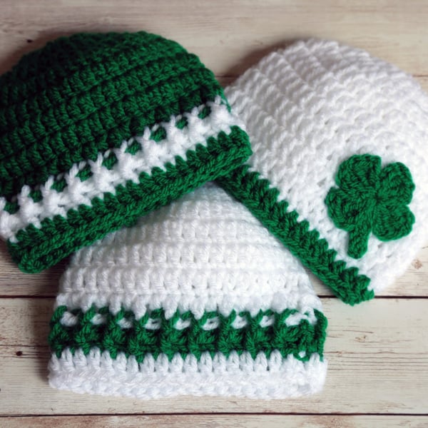 Emerald Green and White Crochet Baby Beanie Hat, 3 Styles and Size Choices