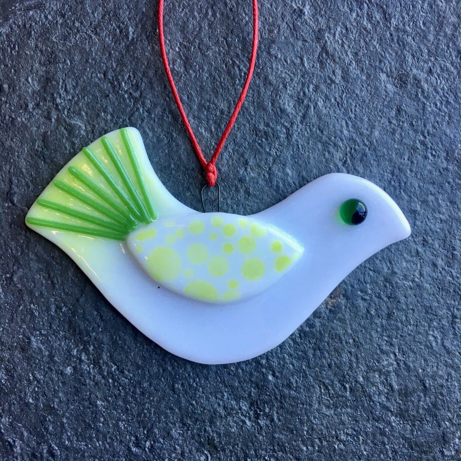 Fused Glass Christmas Peace dove Tree Decoration white lime and green