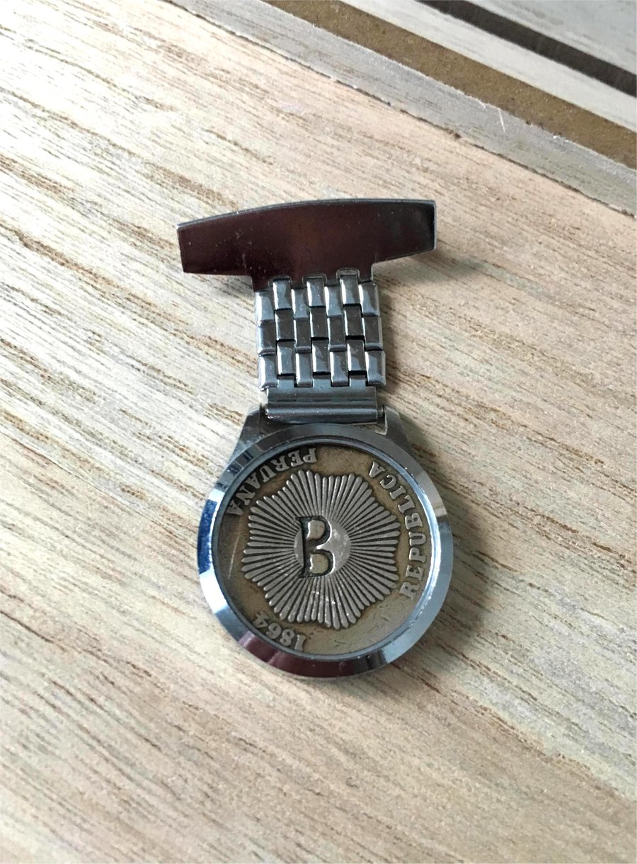 Upcycled Medical Watch Case Featured a Vintage Coin Engraved With B Letter Pin