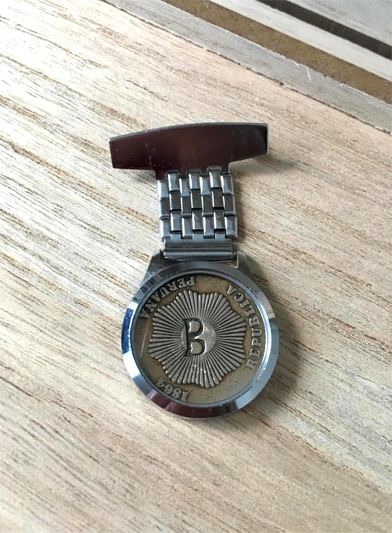 Upcycled Medical Watch Case Featured a Vintage Coin Engraved With B Letter Pin