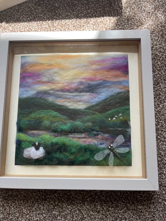 Sunset over the moors, lake reflections with a sheep and a dragon fly 