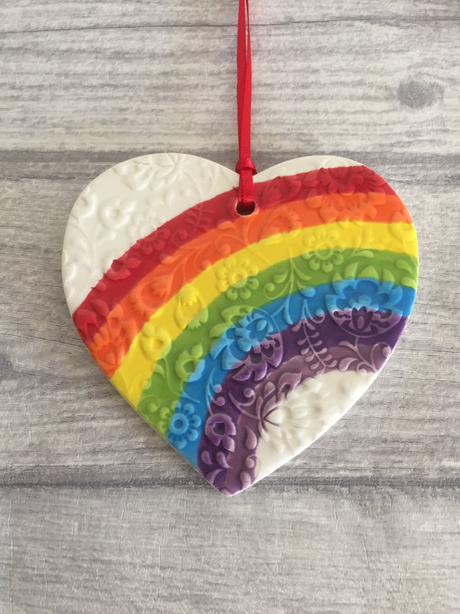 Ceramic textured rainbow hanging heart shaped decoration - Large