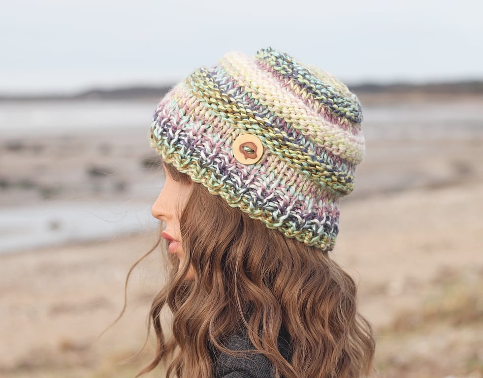 Knitted beanie hat, super chunky cap winter light multicolour, women's gift, UK 