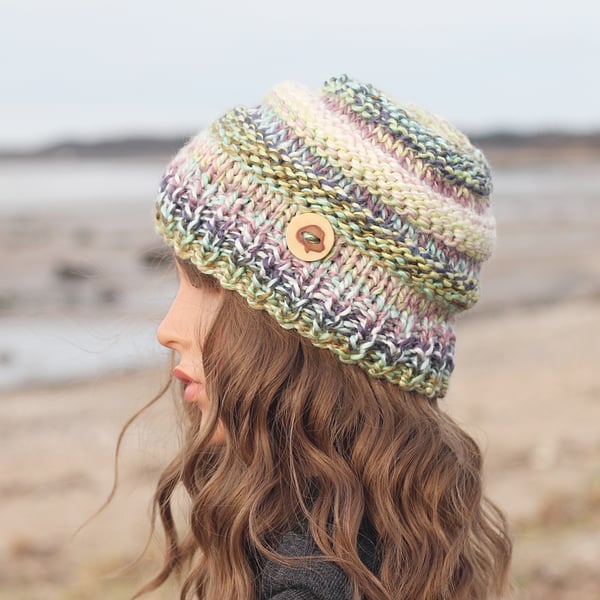 Knitted beanie hat, super chunky cap winter light multicolour, women's gift, UK 