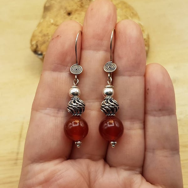 Red Carnelian earrings. July birthstone. Dangle drop. 17th anniversary.