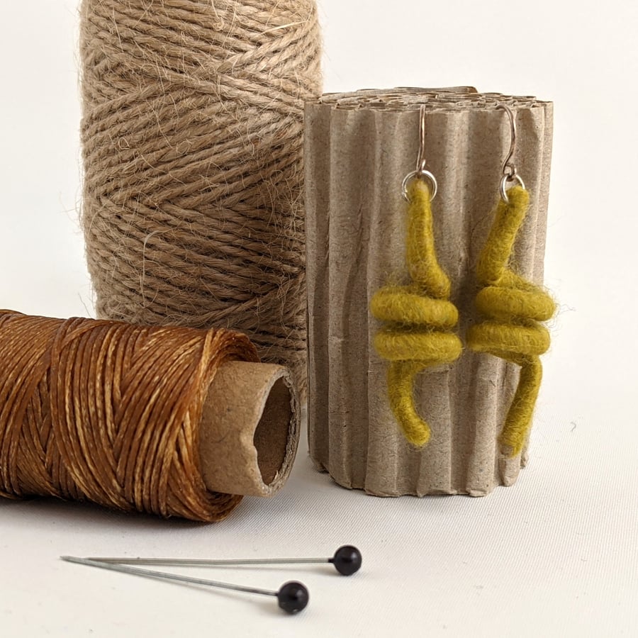 Felted earrings - yellow-green coils