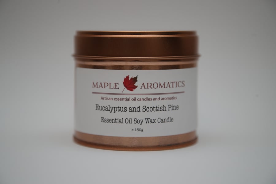 Maple Aromatics Eucalyptus and Scottish Pine Soy Wax Rose Gold 150g Candle Tin