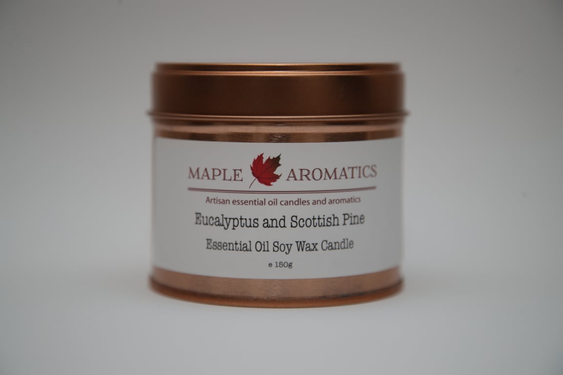 Maple Aromatics Eucalyptus and Scottish Pine Soy Wax Rose Gold 150g Candle Tin