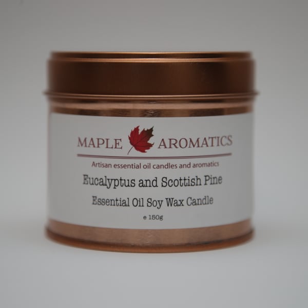 Maple Aromatics Eucalyptus and Scottish Pine Soy Wax Rose Gold 150g Candle Tin