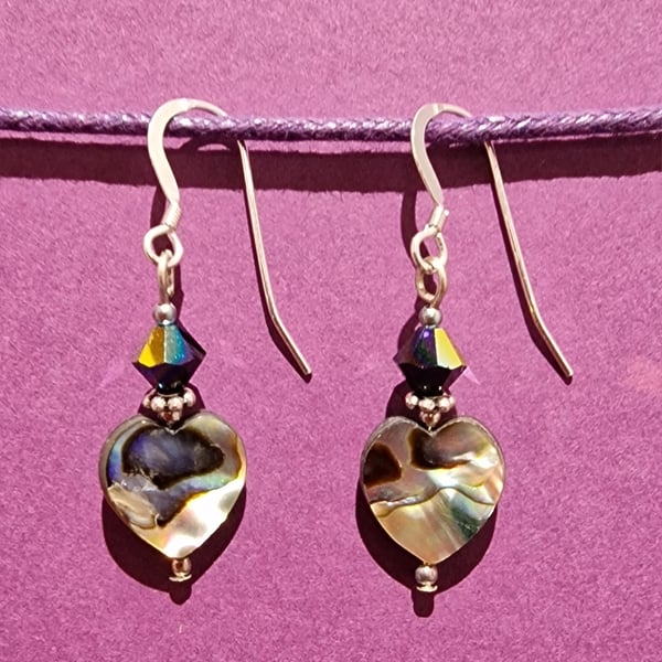 Abalone Heart and Dark Swarovski Crystal Earrings.