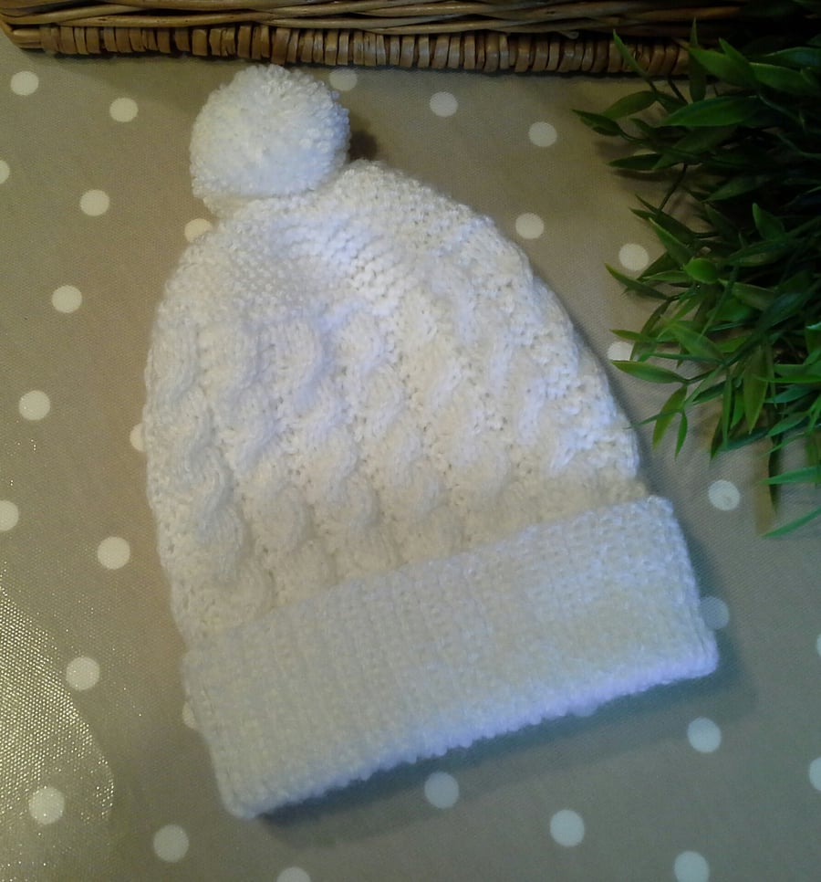 Cable Hand Knitted Toddler Girl's Pom Pom Hat 2 -3 Years size