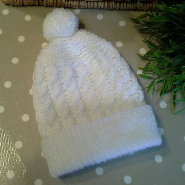 Cable Hand Knitted Toddler Girl's Pom Pom Hat 2 -3 Years size