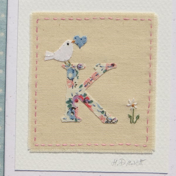 Sweet little letter K card hand-stitched, new baby, Christening or 1st birthday