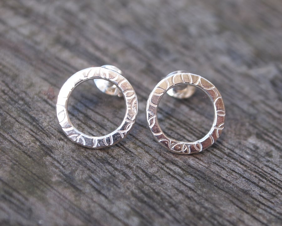Sterling Silver Textured Ring Stud Earrings; Handmade Studs