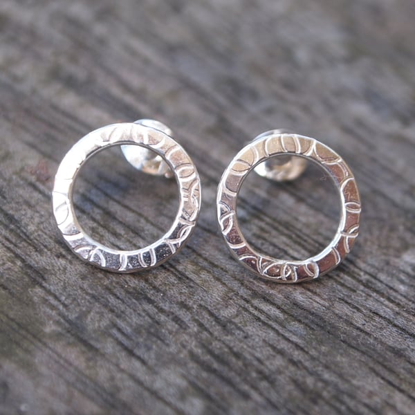 Sterling Silver Textured Ring Stud Earrings; Handmade Studs