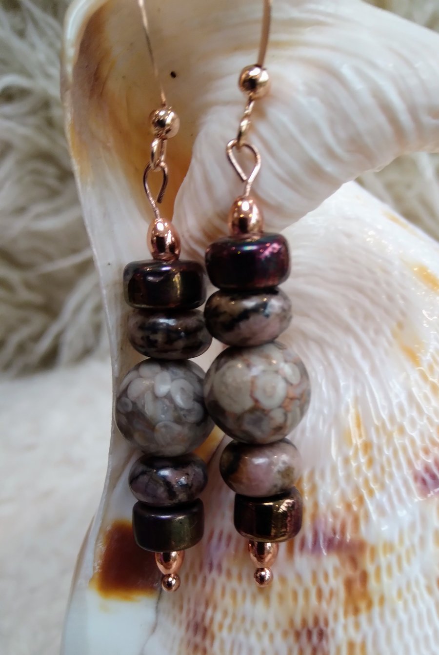 FOSSIL CRINOID and RHODONITE beaded rose-gold dangly EARRINGS