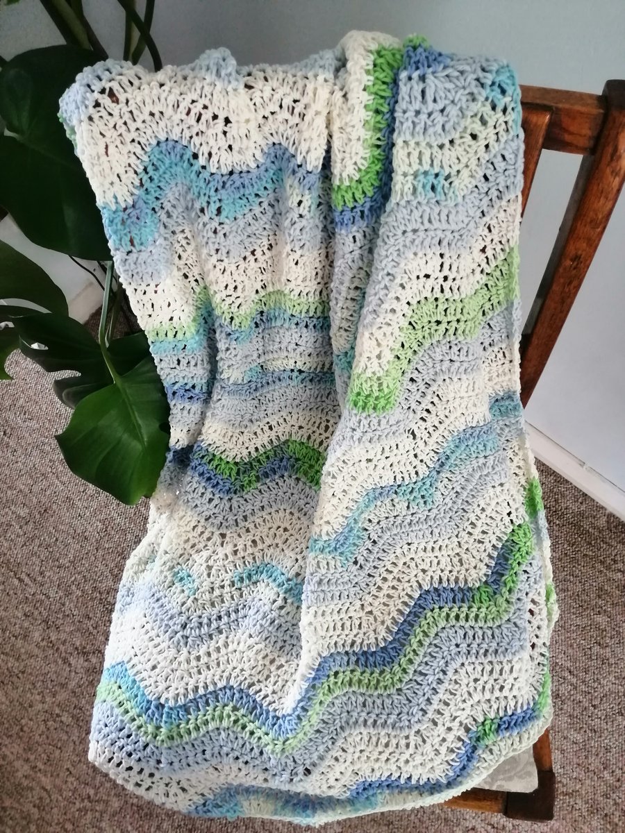 Handmade crochet blanket, baby blanket, pram, cot, crib , blue, ivory, green 