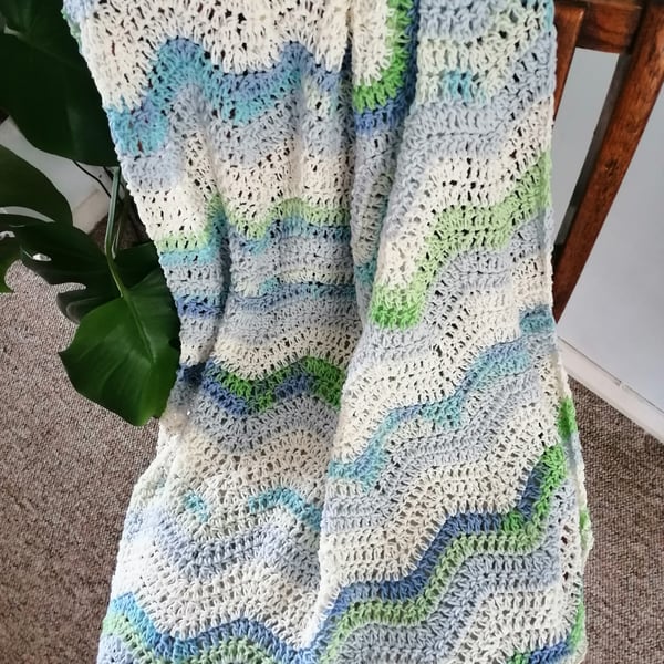 Handmade crochet blanket, baby blanket, pram, cot, crib , blue, ivory, green 