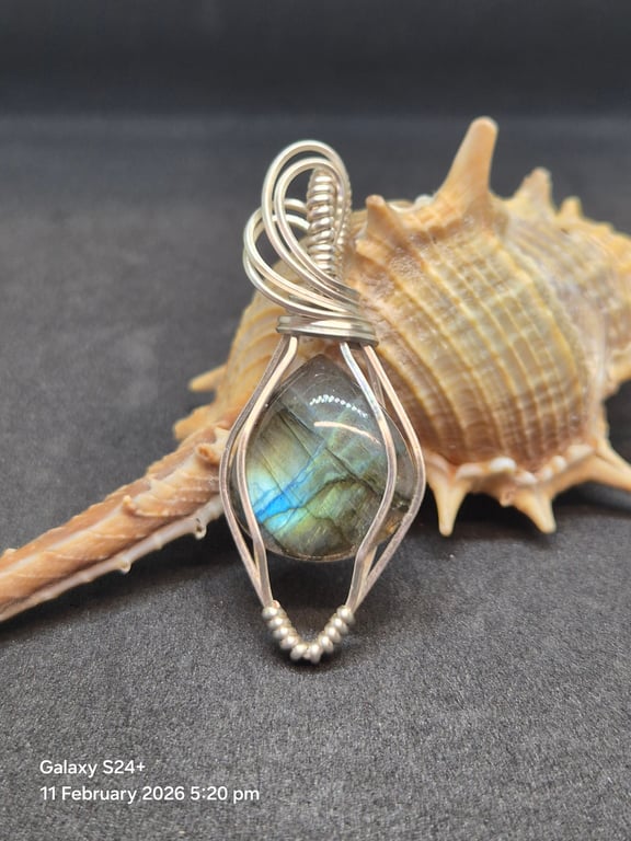 Teardrop labradorite gemstone pendant necklace, wire wrapped in silver-plate