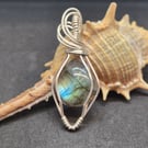 Teardrop labradorite gemstone pendant necklace, wire wrapped in silver-plate