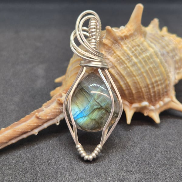 Teardrop labradorite gemstone pendant necklace, wire wrapped in silver-plate