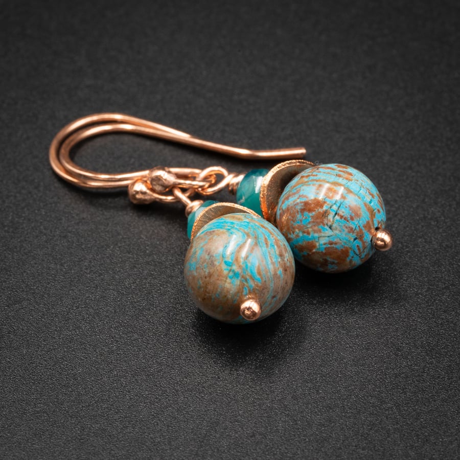 Turquoise blue jasper and copper handmade gemstone earrings , Pisces jewelry