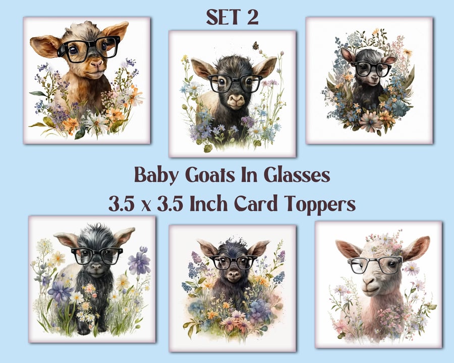 Baby Goats in Glasses Square Card Toppers for Card Making, Journals, Scrapbooks