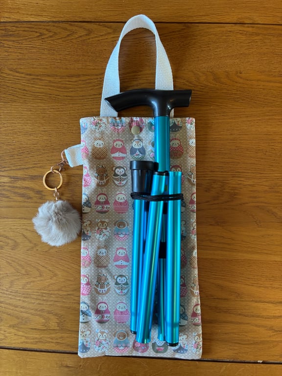 Foldable Walking Stick Bag & Furry Pom Pom - disability friendly 
