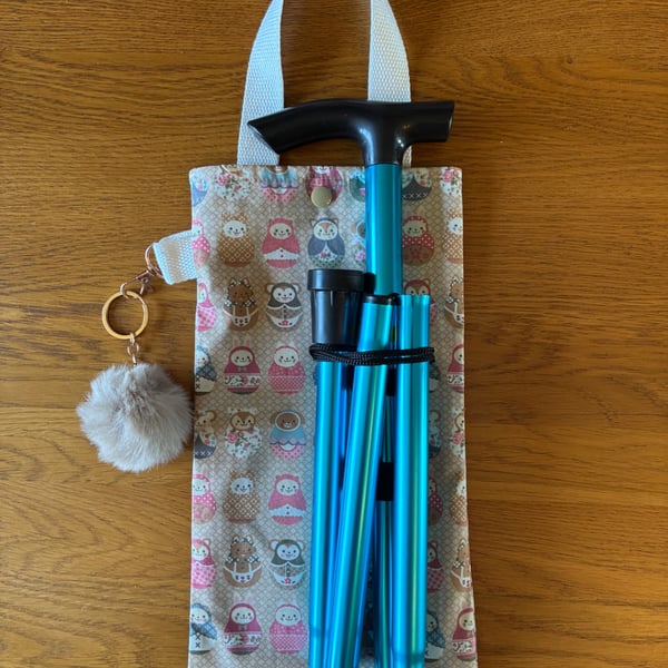 Foldable Walking Stick Bag & Furry Pom Pom - disability friendly 