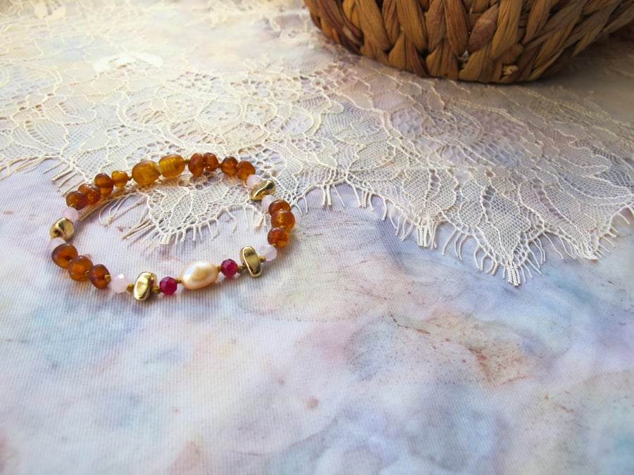 "Lilly" Baltic Amber and Pearl with Rose Quartz and Ruby Bracelet 
