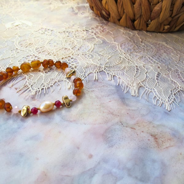 "Lilly" Baltic Amber and Pearl with Rose Quartz and Ruby Bracelet 
