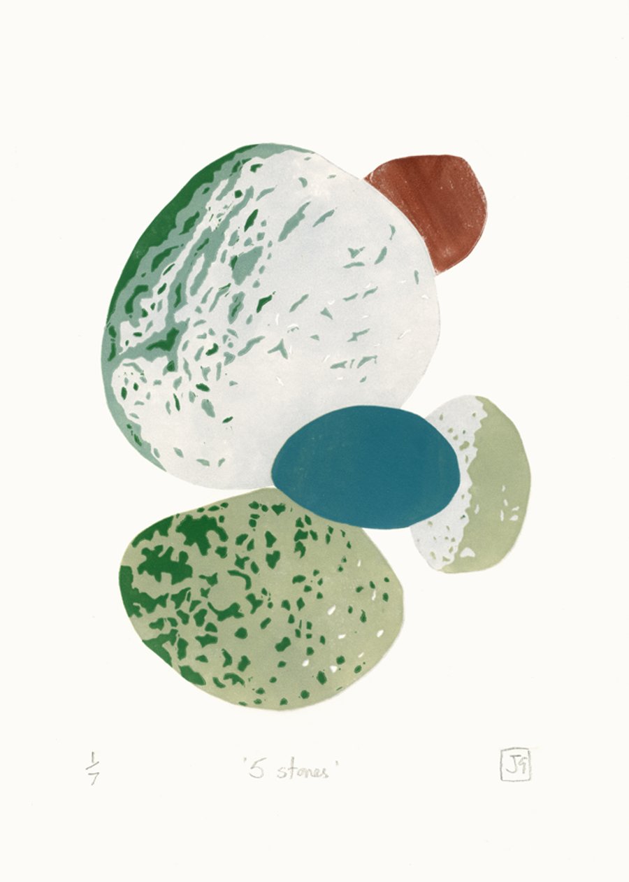 Five stones A4 6-colour reduction linocut print