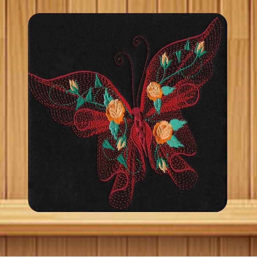 Embroidered Red Butterfly and Flowers Embroidered Greetings Card