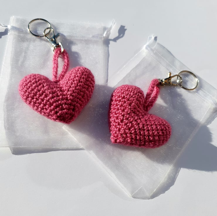 Crocheted pink heart keyring, bag charm Folksy