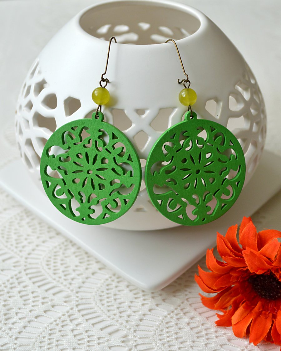 Long Earrings with Green Filigree Wooden Shapes