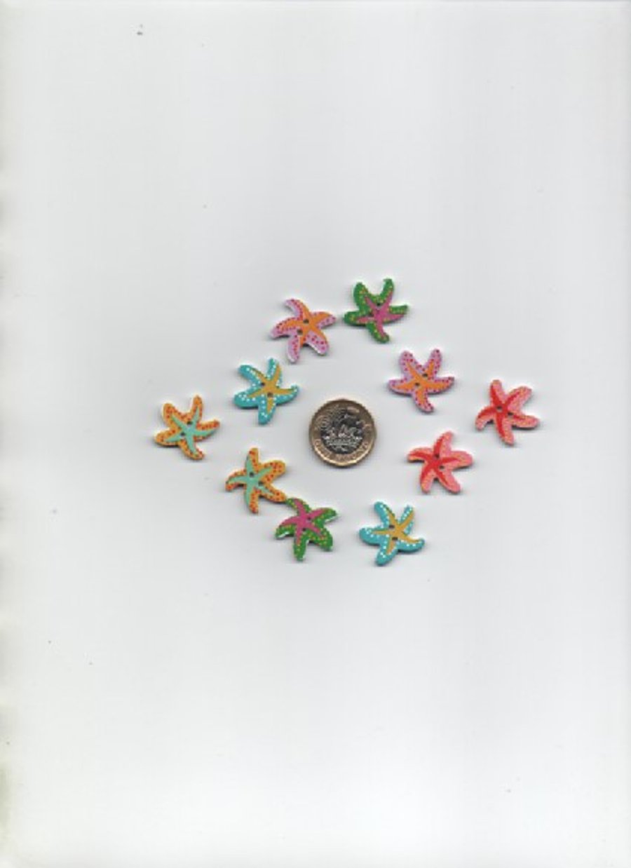 10 assorted colourful wooden STARFISH craft buttons CLEARANCE