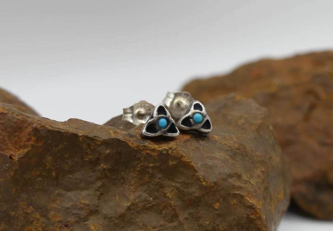 Recycled Sterling Silver Triquetra Stud Earrings with 1.5mm Turquoise Gemstones.