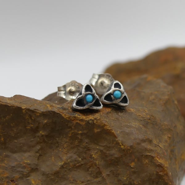 Recycled Sterling Silver Triquetra Stud Earrings with 1.5mm Turquoise Gemstones.