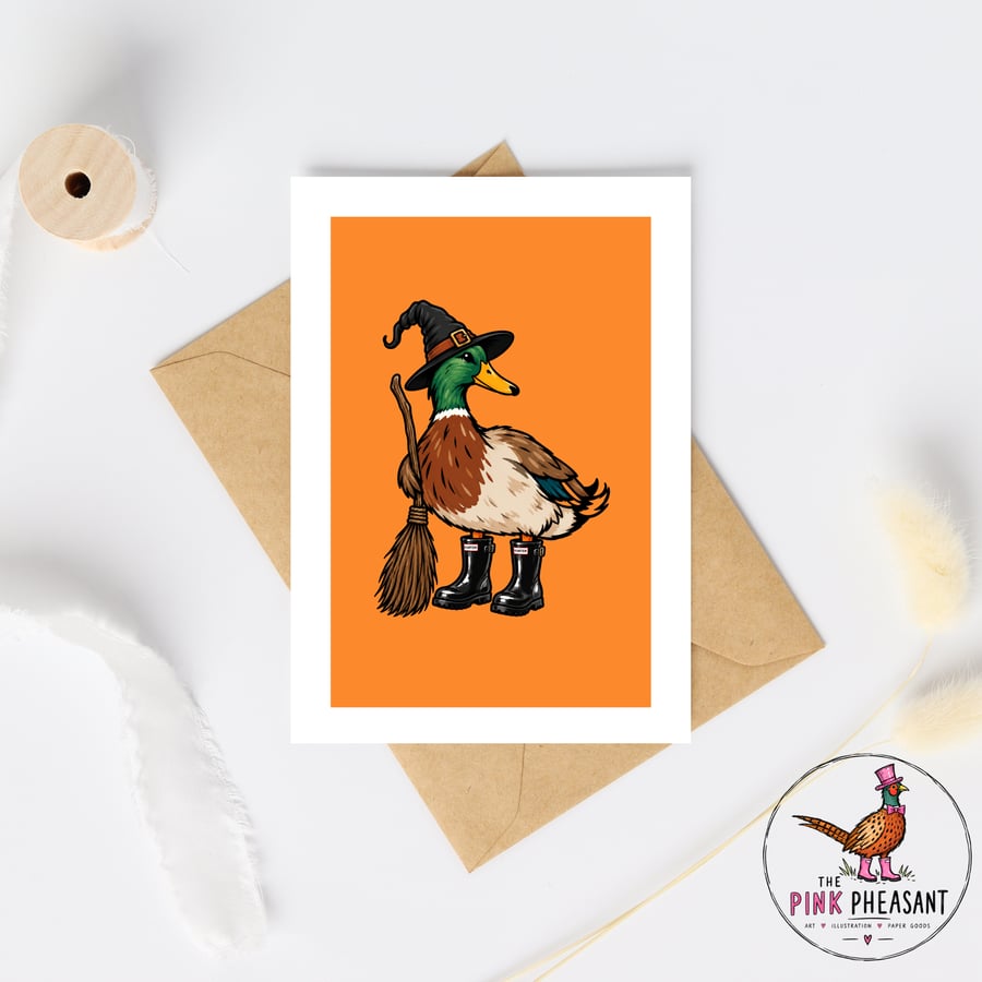 Halloween Witch Duck Card – Hand Drawn Mallard in Wellies – Funny A6 Card
