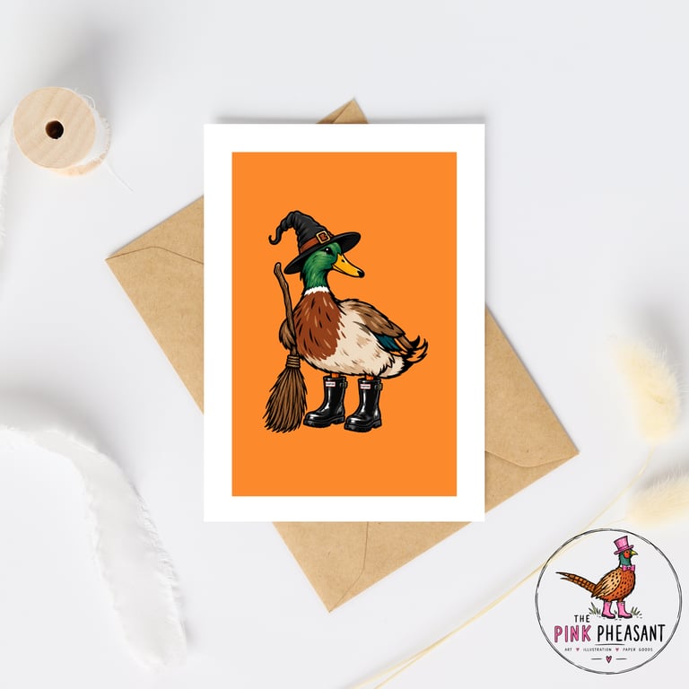 Halloween Witch Duck Card – Hand Drawn Mallard in Wellies – Funny A6 Card