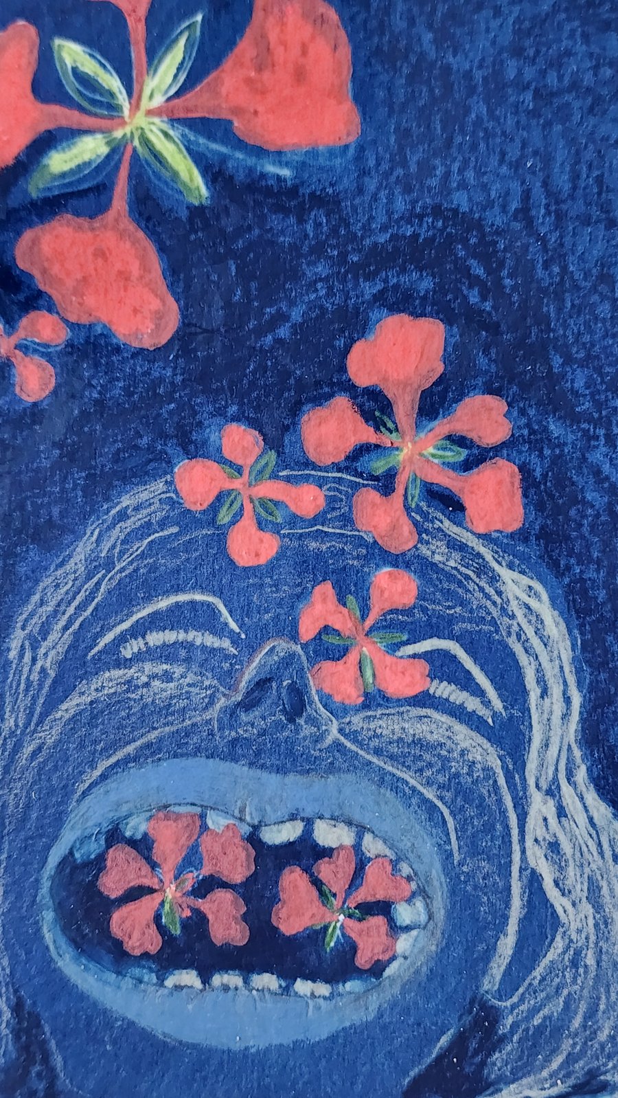 “The Flower Eater” red hibiscus pale girl mixed media A5