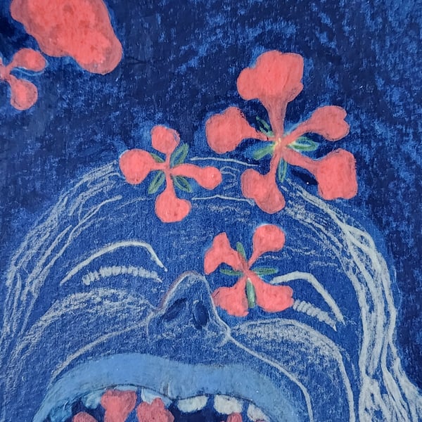 “The Flower Eater” red hibiscus pale girl mixed media A5
