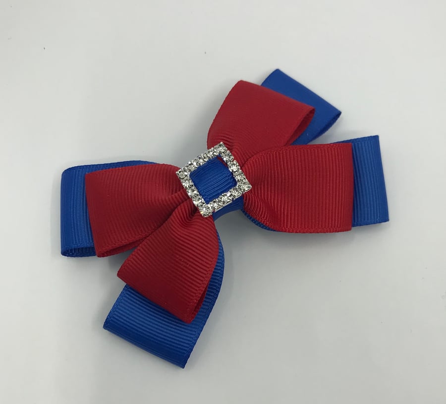 Royal Blue and Red Double Layer Bow on Clip
