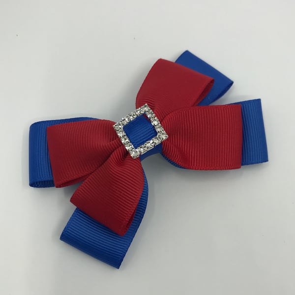 Royal Blue and Red Double Layer Bow on Clip