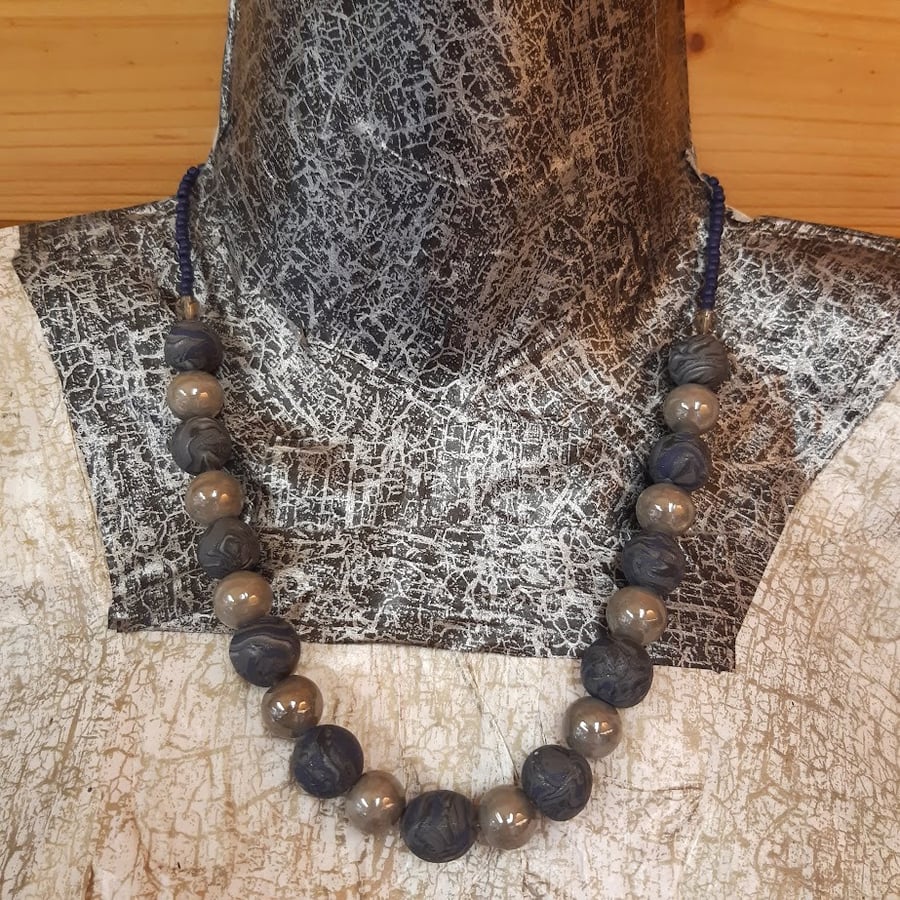Navy blue, warm grey and black handmade necklace