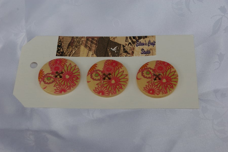 Large buttons, a set of 3 with pink flower pattern